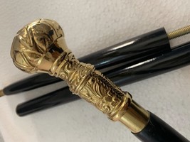 Solid Brass Head Handle Antique Style Black Shaft Wooden Walking Stick Cane Gift - $33.24