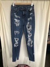 AEO Distressed Comfort Stretch Waistband Denim, Size 0/25 Dark Wash Jeans - £12.15 GBP
