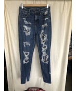 AEO Distressed Comfort Stretch Waistband Denim, Size 0/25 Dark Wash Jeans - $282.46 MXN