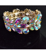 Rhinestone Bracelet Stretch, Gold Tone Iridescent, Crystal Pageant Prom ... - £39.17 GBP