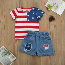 NEW 4th of July American Flag Patriotic Boys Shirt Denim Jean Shorts Outfit Set - $8.44