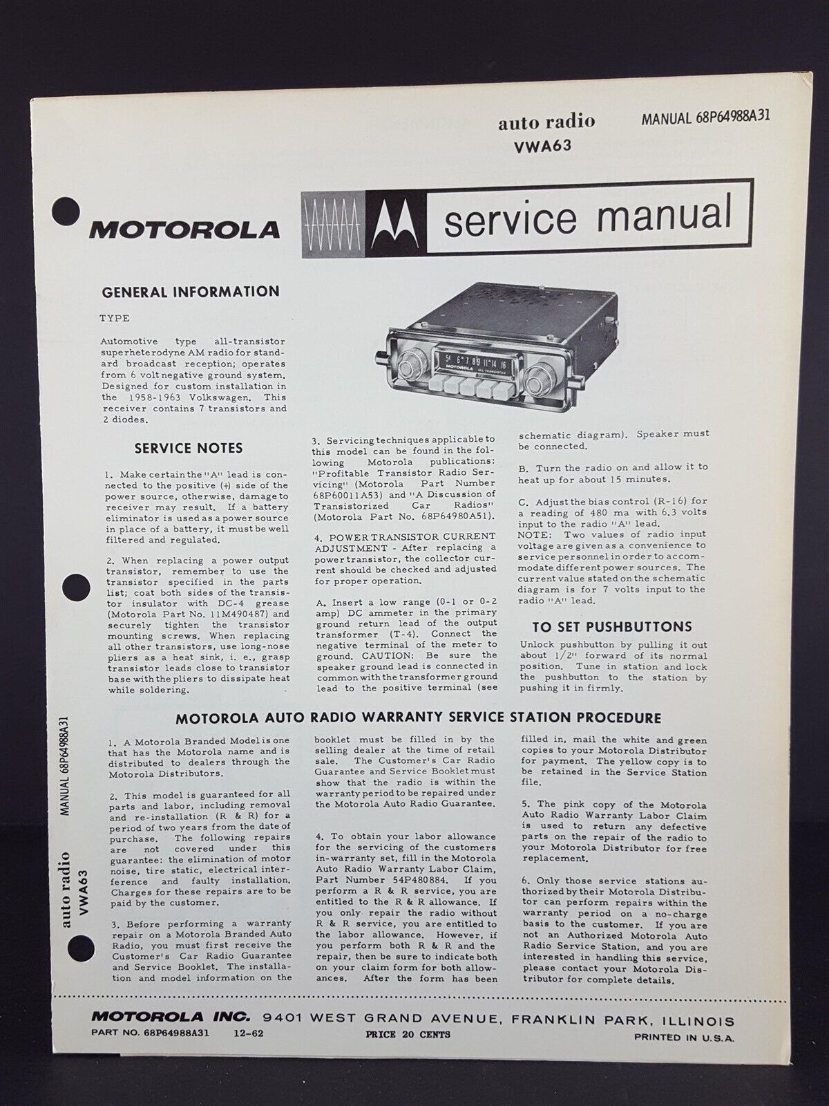 Primary image for Motorola 1958-63 Volkswagen Auto Radio Service Manual Model VWA63