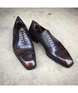 Handmade leather Dark brown lace up semi brogue dress oxfords shoes for men - $179.99