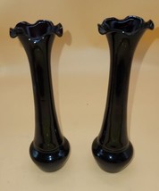 Elegant Vintage Black Amethyst Bud Vase with Ruffle Edge 8&quot; Pair - £19.78 GBP