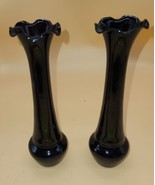 Elegant Vintage Black Amethyst Bud Vase with Ruffle Edge 8&quot; Pair - £19.51 GBP