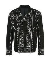 Men Studded Suede Biker Jacket Black Stylish Premium Leather All Sizes Available - £143.87 GBP