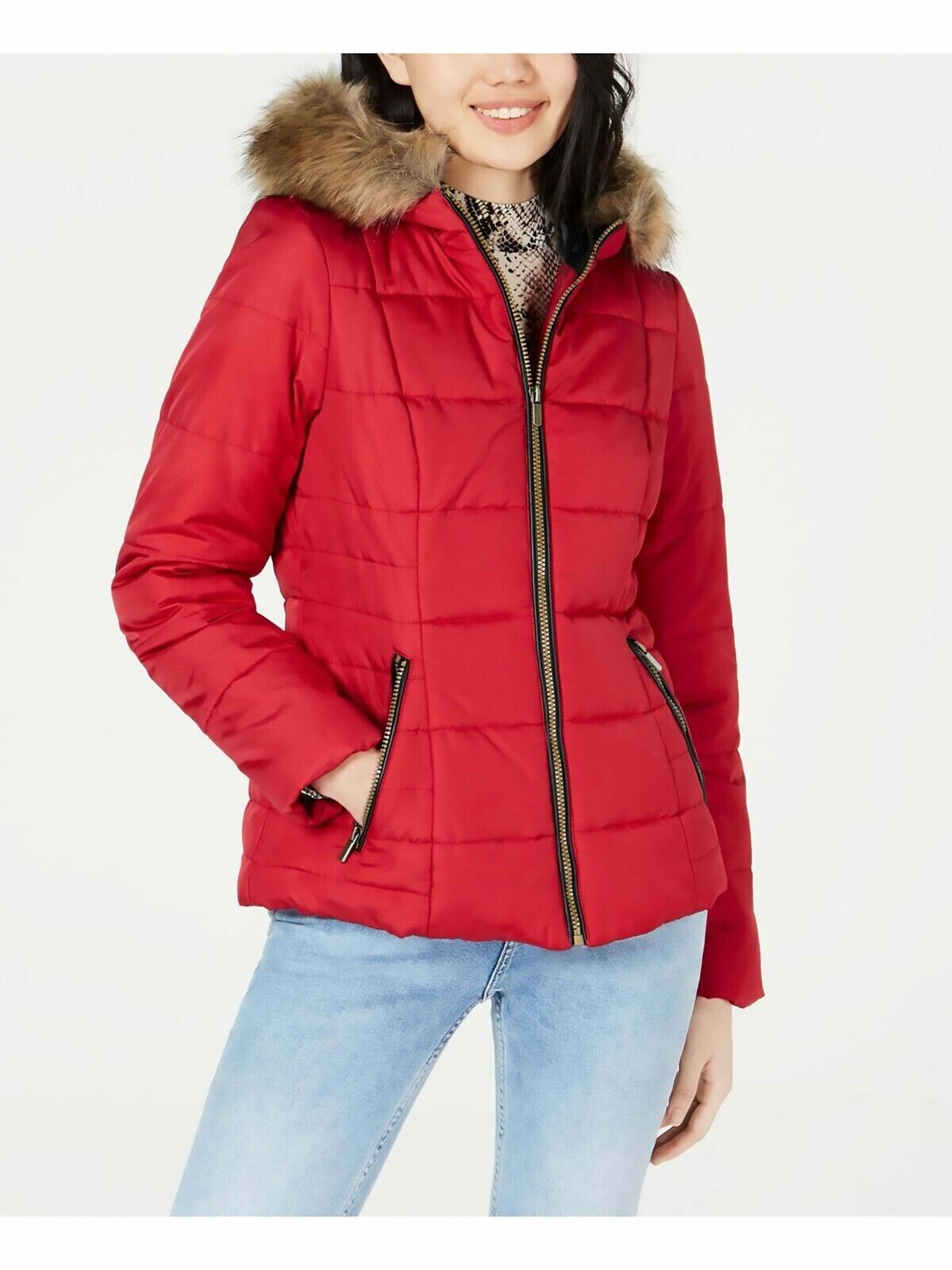 Celebrity Pink Juniors&#39; Puffer Coat with Faux Fur Trim Hood, TRUE RED, S... - $18.22