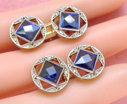 Art Deco Rose Diamond 6ctw Synthetic Blue Sapphire Double Cufflinks 1930 French - £1,424.90 GBP