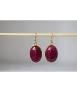 Red Jade Earrings Gold, Oval Gemstone Hanging Earrings, Wine Red Earring... - £25.12 GBP