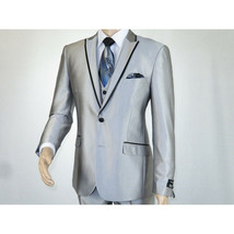 Men Tuxedo Formal Suit ROYAL DIAMOND Slim Fit 3Pc Vested shiny Satin SL82 Silver image 4