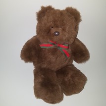 VTG Unipak Brown Teddy Bear Plush 14&quot; Stuffed Animal Toy 1990 Red Green Bow - $25.21