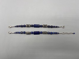 Lapis Lazuli Bead Bracelet Sterling Silver Set of 2 Blue Stone Matching - £60.87 GBP