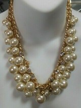 Heavy Gold-tone Faux Pearl Cluster &amp; Clear Rhinestone Collar Necklace - £50.61 GBP