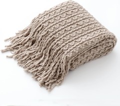 Miulee Beige Throw Blanket For Couch Soft Textured Knitted Blanket With Tassels - £29.00 GBP