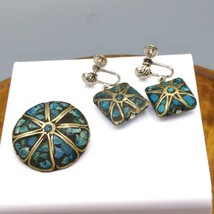 India Inlay Crushed Turquoise Parure, Round Brooch and Matching Square S... - £57.80 GBP