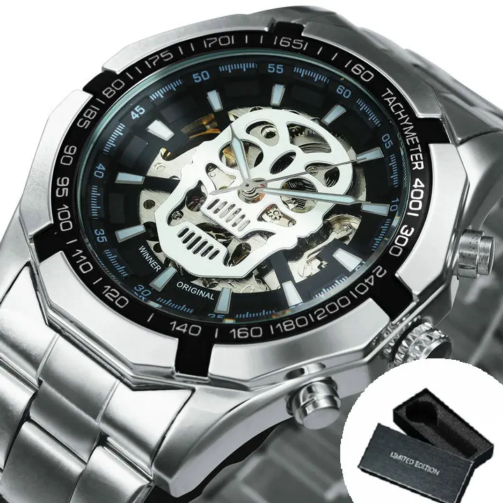  fashion skull luminous dial silver stainless steel strap military automatic mechanical thumb200