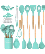 24-Piece Silicone Kitchen Utensils Set with Holder – Wooden Handles – Green - $40.61
