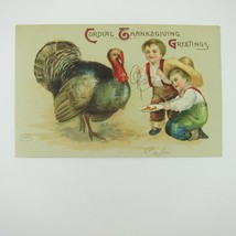 Thanksgiving Postcard Farm Boys Feed Wild Turkey Embossed Germany Antique - £7.85 GBP