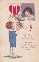 To My Valentine Boy Give Girl in Window Flowers Postcard B23 - £2.44 GBP