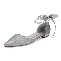 Sequin s Women Wedding Flats for Bride Pointed Toe Ribbon Tie Sequin Prom Evenin - £64.46 GBP