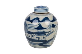 Beautiful Blue and White Landscape Motif Porcelain Ginger Jar 6&quot; - £43.65 GBP