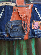 Women&#39;s denim bag made of new jeans, combined with an orange raincoat fabric - £78.22 GBP