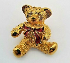 Vintage Teddy Bear Lapel Pin Red Bow Clear Rhinestone Eyes 1.25&quot; EUC Jewelry - £4.46 GBP