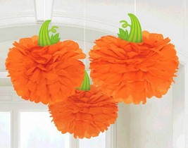 Halloween Fall Pumpkin 3 Hanging Fluffies Orange Party Decorations - £10.21 GBP