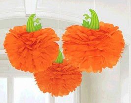 Halloween Fall Pumpkin 3 Hanging Fluffies Orange Party Decorations - $13.06