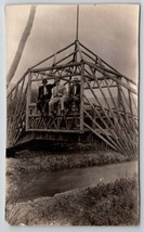 RPPC Unique Rustic Log Bridge Three Men on Rail over Stream Canal Postcard B30 - £23.66 GBP