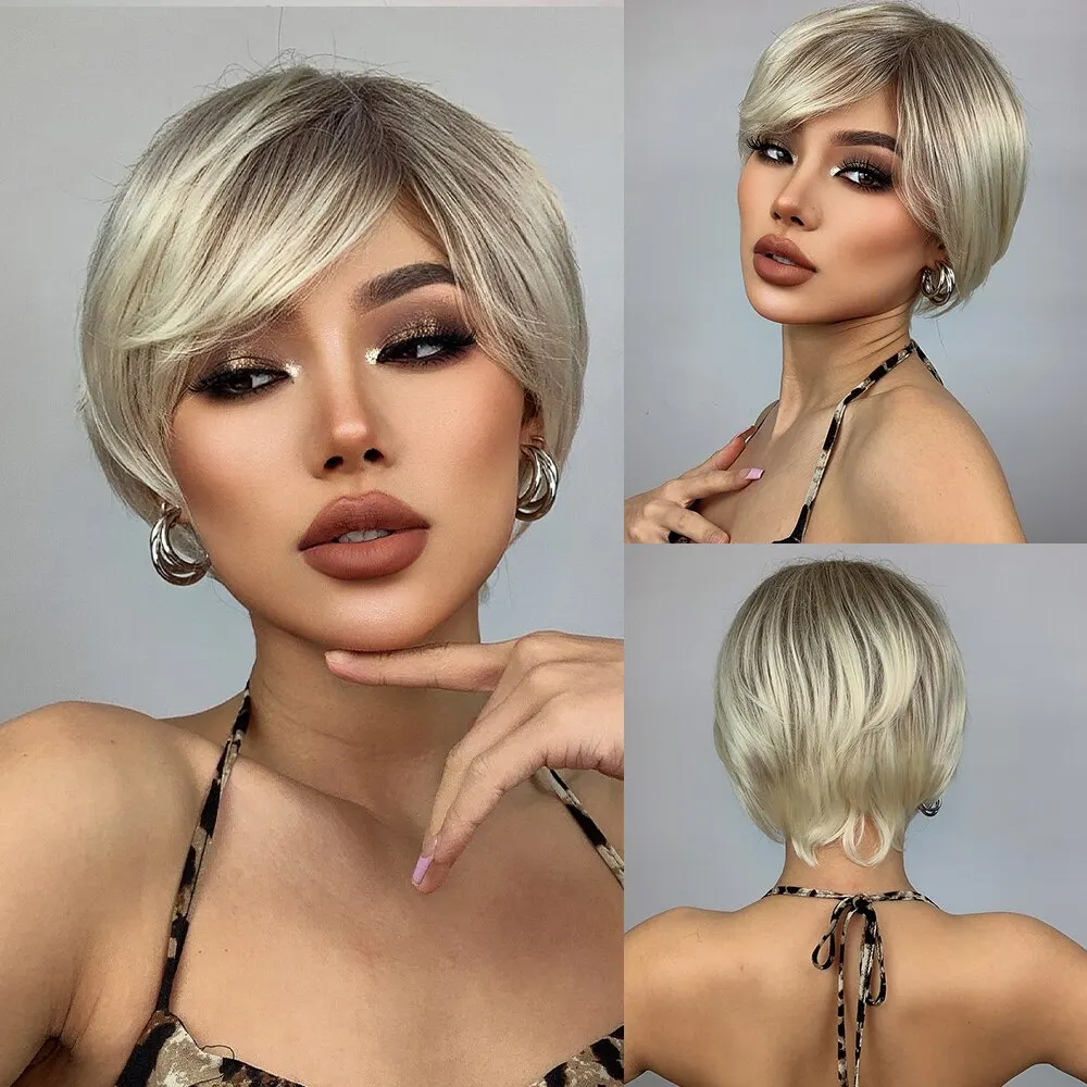 Short Pixie Cut Blonde Ombre Synthetic Wigs Natural Wavy Layered Wig with Ban - £15.30 GBP+