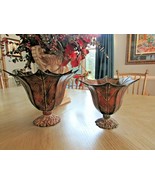 DECORATIVE METAL LEAF BOWLS SET OF 2 8&quot; &amp; 9.5&quot; BRONZE ACCENTS PEDESTAL BASE - $24.70