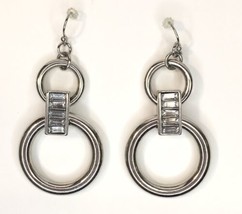 Silver Tone Door Knocker Dangle Drop Earrings with Clear Baguette Accents - £9.07 GBP