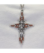 Ornate Cross Pendant Necklace Embellished Orange Stone  Silver Link - $19.24 CAD