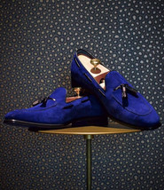 Men Royal Blue Suede Loafer Tassels On Rounded Toe Genuine Leather Shoes US 7-16 - £108.18 GBP