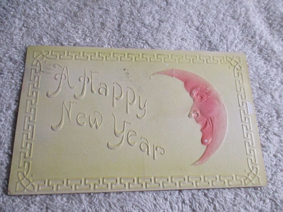 Half Moon Pink Early 1900s Happy New Year Postcard Posted - $24.74