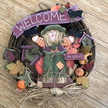 Fall Happy Harvest Wood Scarecrow Wreath Autumn Foliage Grapevine 13&quot; - £13.66 GBP