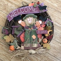 Fall Happy Harvest Wood Scarecrow Wreath Autumn Foliage Grapevine 13&quot; - £13.90 GBP