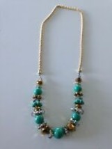 gold toned and turquoise colored beaded necklace - £19.65 GBP