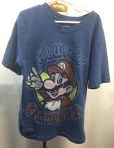 Super Mario Boys Medium M 7/8 Short Sleeve Blue T Shirt &quot;Always A Winner&quot; - $13.12