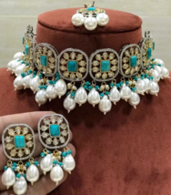 Indischer Bollywood Stil Polki Kundan Blau Perle Halskette Ohrringe Schmuck Set - £186.57 GBP