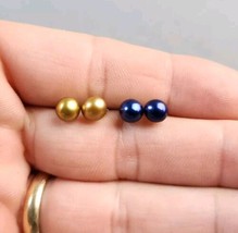 Pearl Stud Earrings 6mm Freshwater Navy Blue &amp; Gold 2 Pairs Sterling Sil... - $19.80