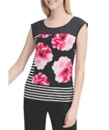 NWT CALVIN KLEIN BLACK WHITE RED FLORAL CAREER TOP BLOUSE SIZE L $59 - £43.34 GBP
