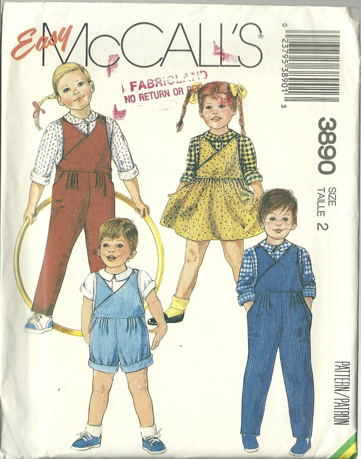 McCall's Sewing Pattern 3890 Childrens Toddler Jumper Shirt Overalls Size 2 New - $9.99