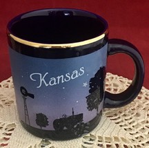 Kansan sky line stars &amp; farm at night souvenir 10oz. cobalt blue mug gol... - $9.85