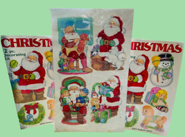 One Vtg Christmas Flocked and Two Plain Santa Die Cuts Printed on Both Sides - £14.54 GBP