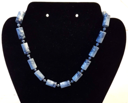 Blue Cylinder Bead NECKLACE 15&quot; Water Marble Color Effect VTG Plastic Choker - £7.90 GBP