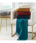 Sferra Vimmo Navy Blue Throw Blanket Fringed 100% Merino Wool Soft 51&quot;x7... - $115.00