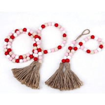 3 Pack Valentine'S Day Wood Bead Garland With Tassel,Rustic Wooden Bead Decor Fa - £14.07 GBP