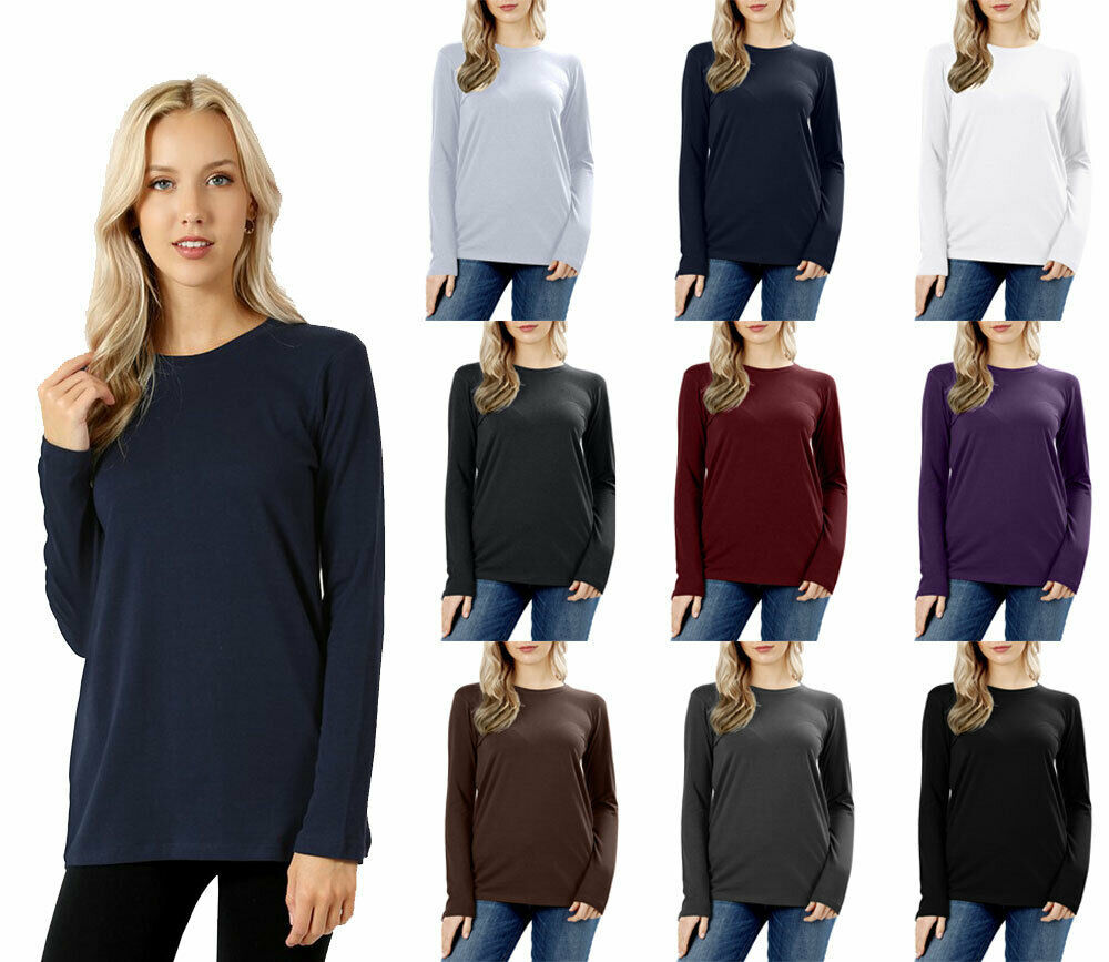 Womens Basic Cotton Long Sleeve Crew Neck Solid Shirt Top Tee Plain - $11.74+